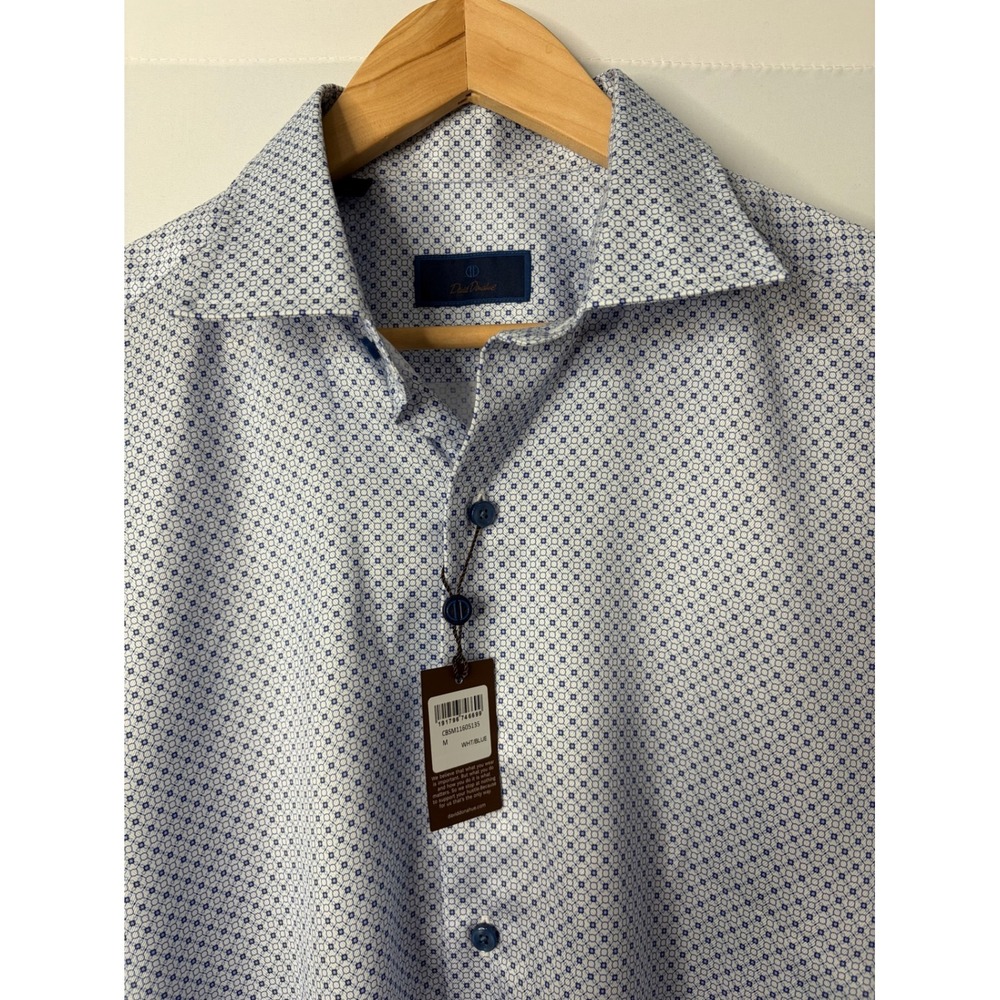 David Donahue White Blue Geometric Floral Button Down Dress Shirt Sz M NEW